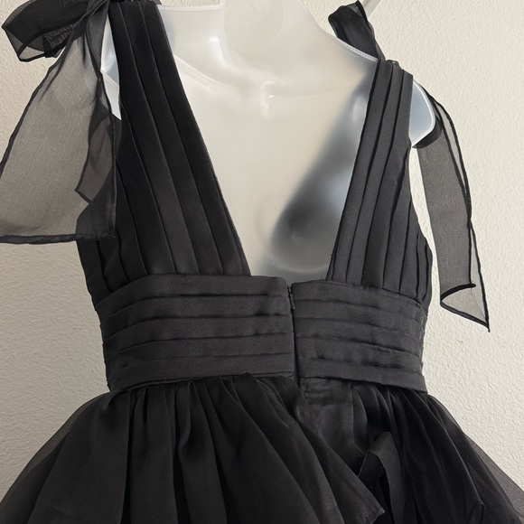 Black Ruffle Mini Dress Tulle Bow Shoulder Pleated Gothic Coquette Party 10 - Picture 5 of 5